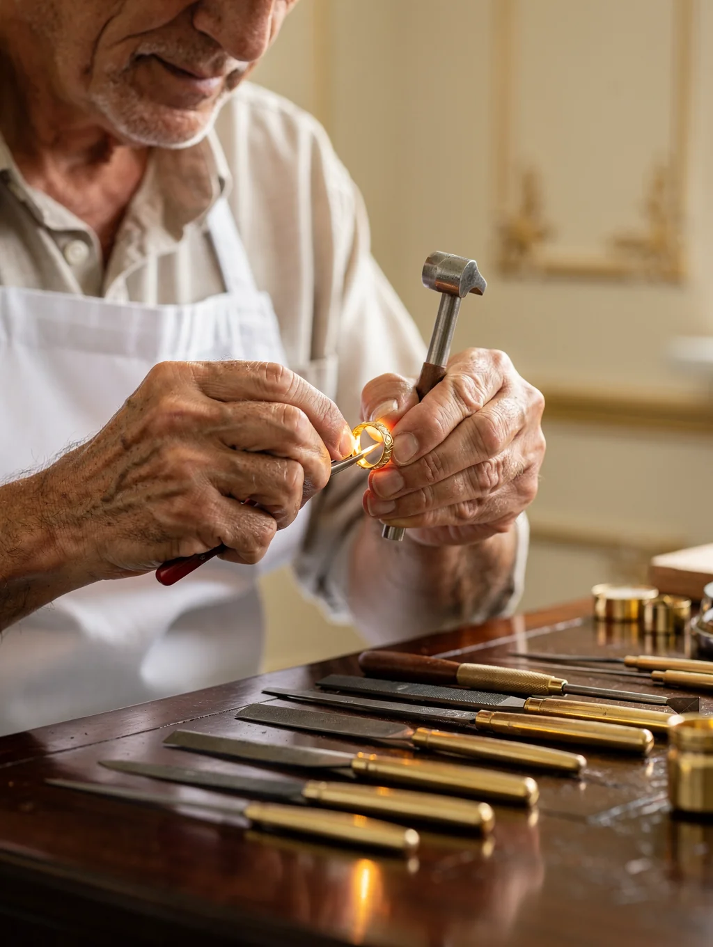 Master goldsmith working on a custom gold ring at the workbench