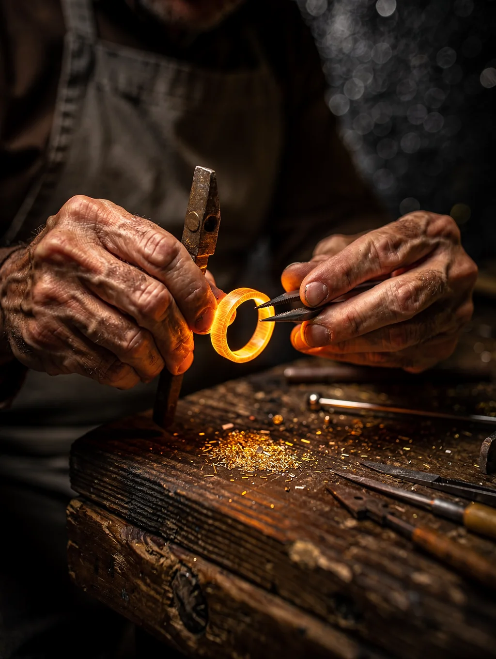 Master goldsmith shaping a gold ring at the artisan bench